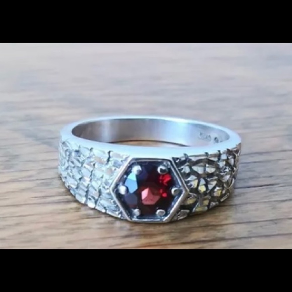 KABANA Unisex Hessonite Garnet Textured Sterling Silver Band Ring 925 Si…